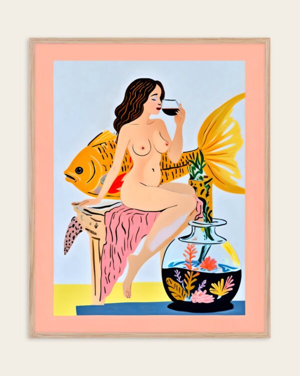 Shop Fishy Shenanigans nude whimsical Art Print, Canvas Print, Commercial digital license & Instant download printable - certified & available to order online at 83oranges.com by artist Uma Gokhale India