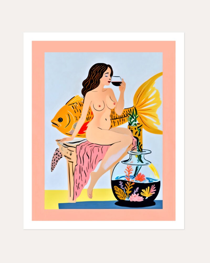 Shop Fishy Shenanigans nude whimsical Art Print, Canvas Print, Commercial digital license & Instant download printable - certified & available to order online at 83oranges.com by artist Uma Gokhale India