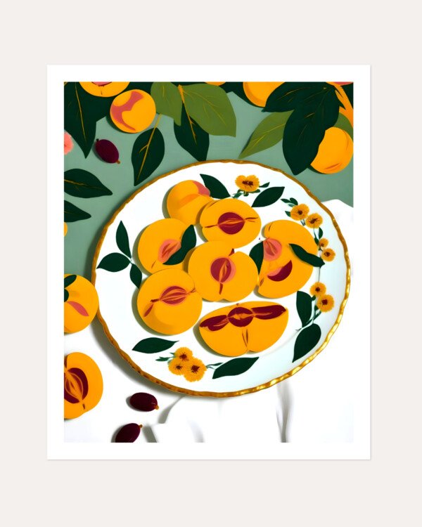 Shop Life is Peachy | A Plate of Cut Peaches Botanical Food Fruits Art Print, Canvas Print, Commercial digital license & Instant download printable - exclusively available at 83oranges.com by artist Uma Gokhale India