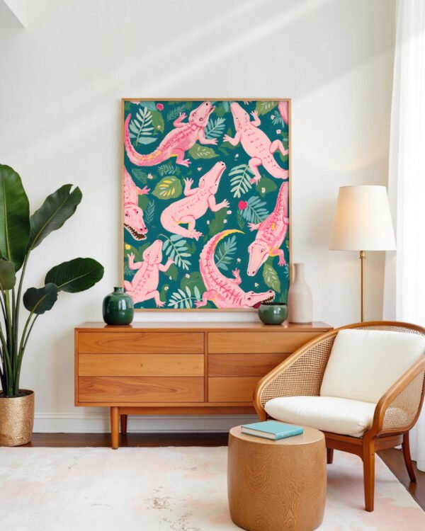Shop Pink Crocodiles Wildlife Whimsical Quirky Adventure Art Print, Canvas Print, Commercial digital license & Instant download printable - available at 83oranges.com by artist Uma Gokhale India