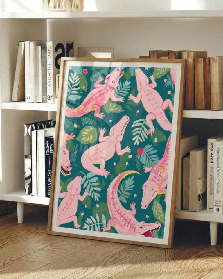 Shop Pink Crocodiles Wildlife Whimsical Quirky Adventure Art Print, Canvas Print, Commercial digital license & Instant download printable - available at 83oranges.com by artist Uma Gokhale India