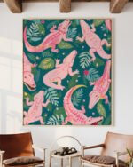 Shop Pink Crocodiles Wildlife Whimsical Quirky Adventure Art Print, Canvas Print, Commercial digital license & Instant download printable - available at 83oranges.com by artist Uma Gokhale India