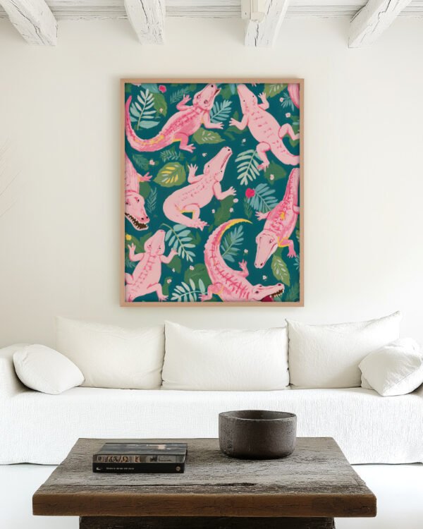 Shop Pink Crocodiles Wildlife Whimsical Quirky Adventure Art Print, Canvas Print, Commercial digital license & Instant download printable - available at 83oranges.com by artist Uma Gokhale India