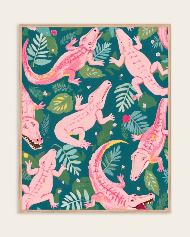 Shop Pink Crocodiles Wildlife Whimsical Quirky Adventure Art Print, Canvas Print, Commercial digital license & Instant download printable - available at 83oranges.com by artist Uma Gokhale India