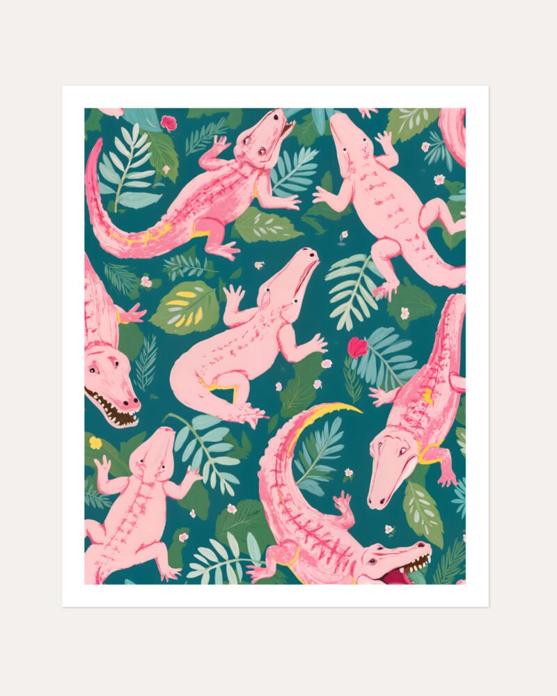 Shop Pink Crocodiles Wildlife Whimsical Quirky Adventure Art Print, Canvas Print, Commercial digital license & Instant download printable - available at 83oranges.com by artist Uma Gokhale India