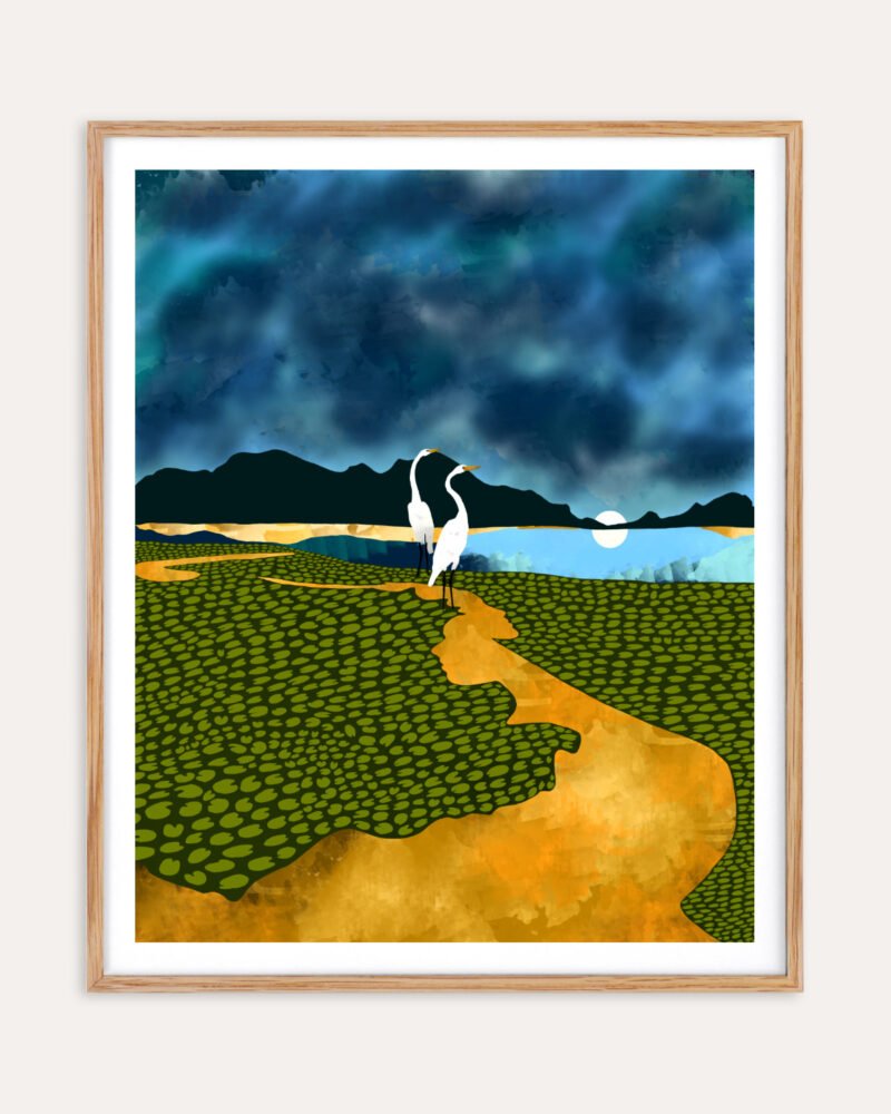 Shop Great egrets on honeymoon island landscape mountains Art Print, Canvas Print, commercial digital license, instant download printable - available at 83oranges.com by artist Uma Gokhale India