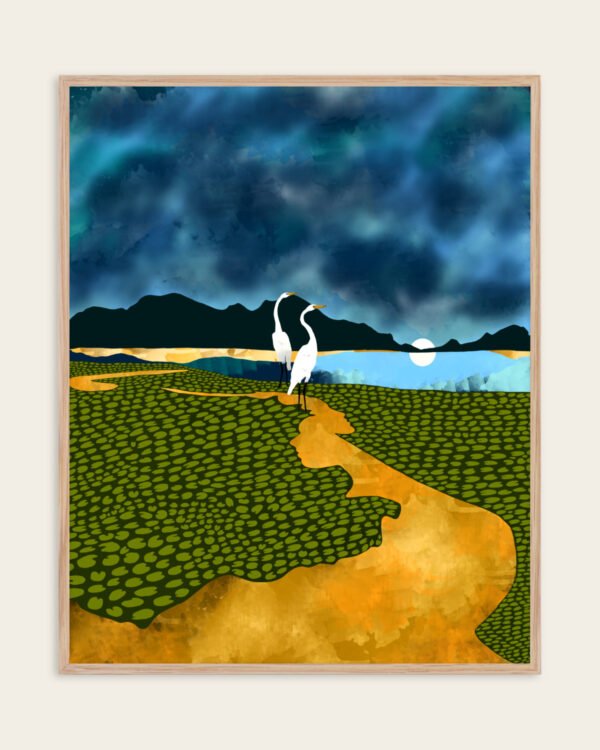Shop Great egrets on honeymoon island landscape mountains Art Print, Canvas Print, commercial digital license, instant download printable - available at 83oranges.com by artist Uma Gokhale India