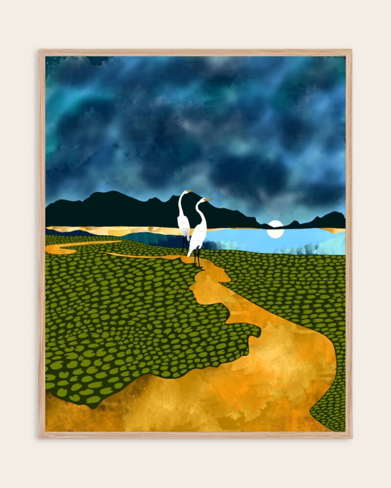 Shop Great egrets on honeymoon island landscape mountains Art Print, Canvas Print, commercial digital license, instant download printable - available at 83oranges.com by artist Uma Gokhale India