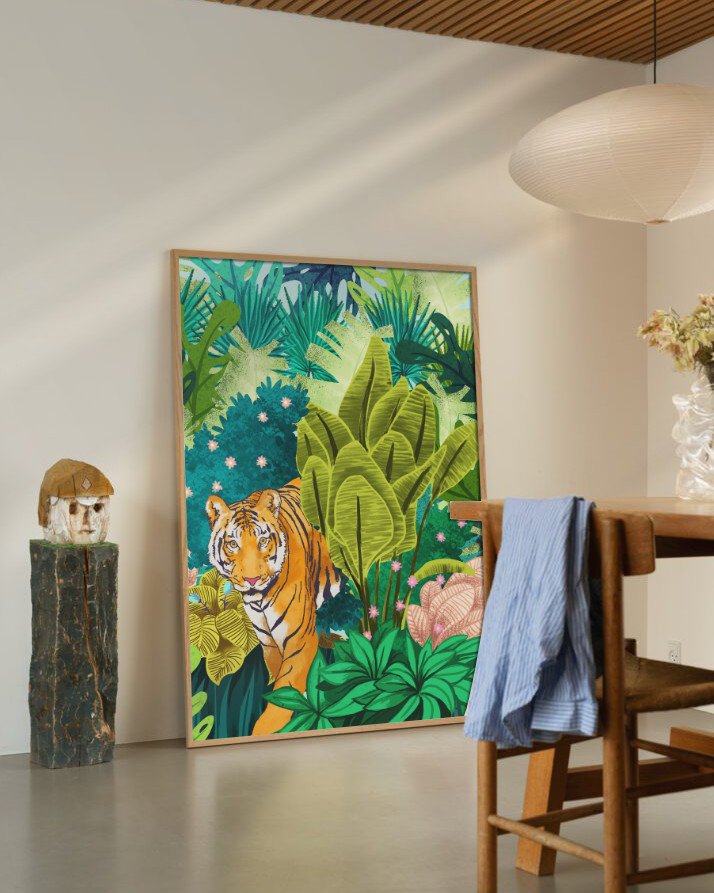 Shop jungle tiger wildlife forest small batch Art Print, Canvas Print, Commercial digital license & Instant download printable - exclusively available at 83oranges.com by artist Uma Gokhale India home banner