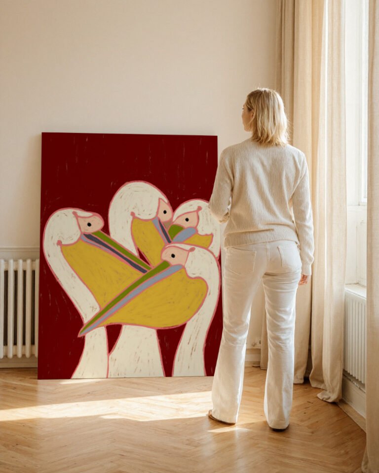 Shop Pelicans on the burgundy sky wildlife animals birds Art Print, Canvas Print, Commercial Digital License & Instant download printable- exclusively available at 83oranges.com by artist Uma Gokhale India