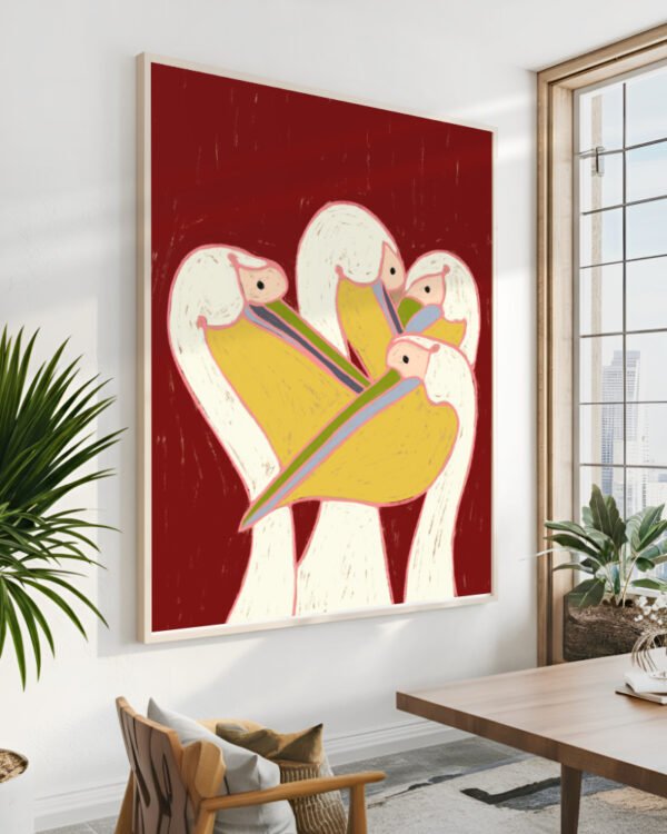 Shop Pelicans on the burgundy sky wildlife animals birds Art Print, Canvas Print, Commercial Digital License & Instant download printable- exclusively available at 83oranges.com by artist Uma Gokhale India