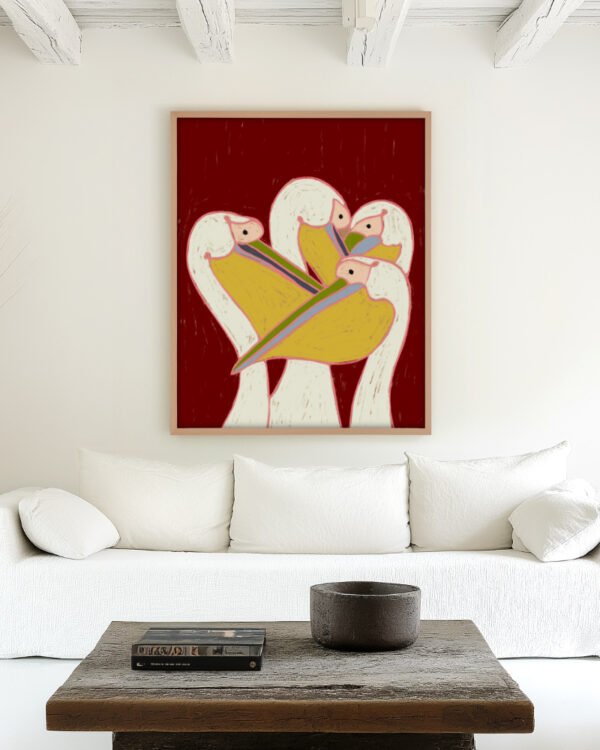 Shop Pelicans on the burgundy sky wildlife animals birds Art Print, Canvas Print, Commercial Digital License & Instant download printable- exclusively available at 83oranges.com by artist Uma Gokhale India