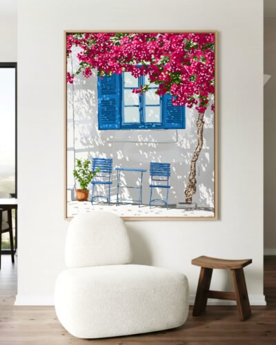 Shop Party of two Greece Santorini architecture travel couple love Art Print, Canvas Print, Commercial Digital License & Instant download printable- exclusively available at 83oranges.com by artist Uma Gokhale India