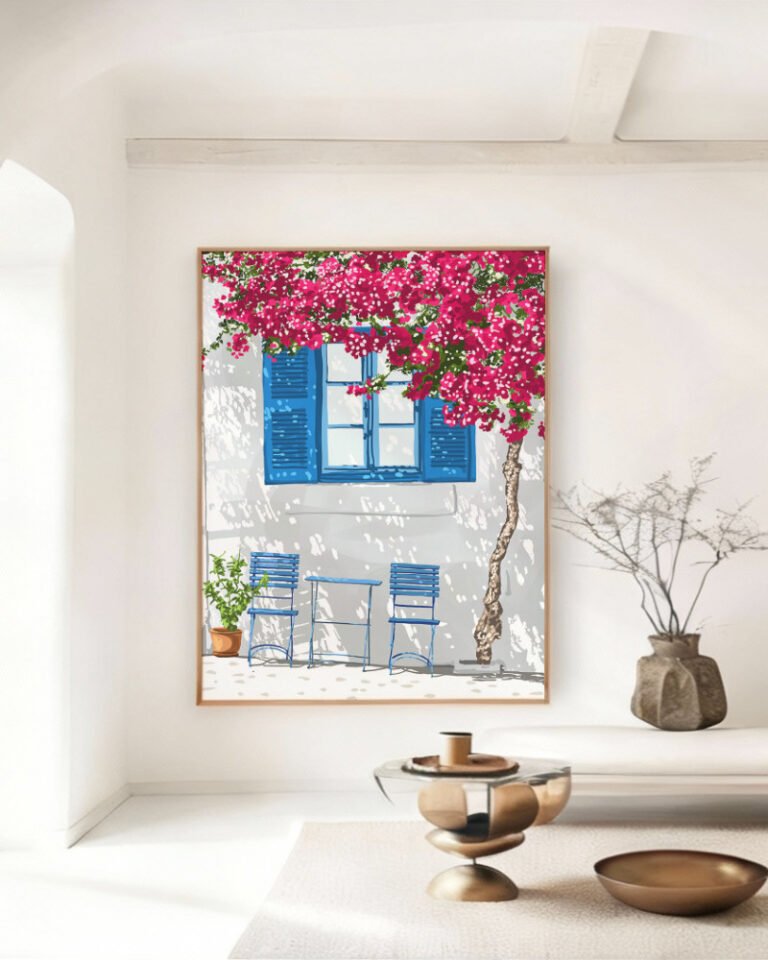 Shop Party of two Greece Santorini architecture travel couple love Art Print, Canvas Print, Commercial Digital License & Instant download printable- exclusively available at 83oranges.com by artist Uma Gokhale India