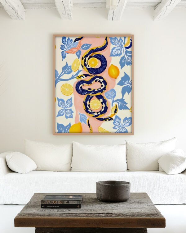 Shop Snakes & Lemons Art Print, Canvas Print, digital printable download - available at 83oranges.com by artist Uma Gokhale India