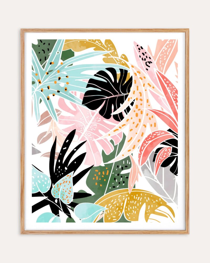 Shop tropical botanical jungle leaves Art Print, Canvas Print, digital printable download - available at 83oranges.com by artist Uma Gokhale India