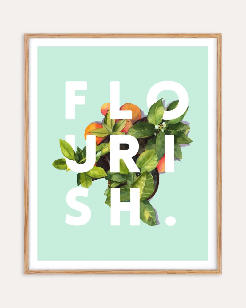 Shop Flourish Typography quote botanical illustration wellness Art Print, Canvas Print, Commercial digital license & Instant download printable - exclusively certified at 83oranges.com by artist Uma Gokhale India