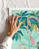 Shop Drawn to the moon storks tropical pastel Art Print, Canvas Print - available at 83oranges.com by artist Uma Gokhale India