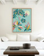 Shop Drawn to the moon storks tropical pastel Art Print, Canvas Print - available at 83oranges.com by artist Uma Gokhale India