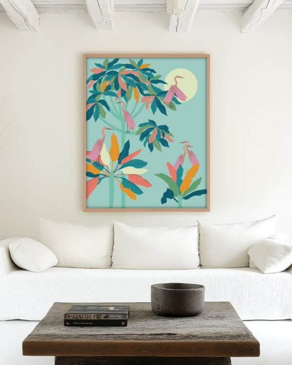 Shop Drawn to the moon storks tropical pastel Art Print, Canvas Print - available at 83oranges.com by artist Uma Gokhale India