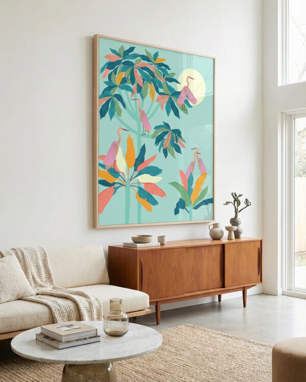 Shop Drawn to the moon storks tropical pastel Art Print, Canvas Print - available at 83oranges.com by artist Uma Gokhale India