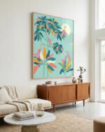 Shop Drawn to the moon storks tropical pastel Art Print, Canvas Print - available at 83oranges.com by artist Uma Gokhale India [review]