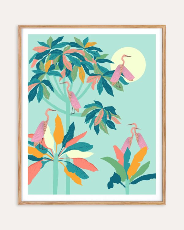 Shop Drawn to the moon storks tropical pastel Art Print, Canvas Print - available at 83oranges.com by artist Uma Gokhale India
