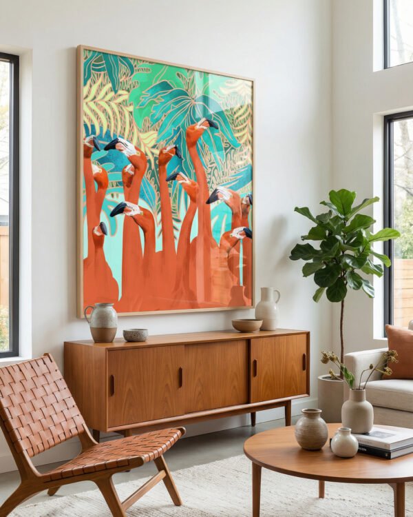 Shop Flamingo party eclectic tropical jungle quirky Art Print, Canvas Print - available at 83oranges.com by artist Uma Gokhale India