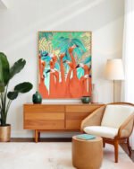 Shop Flamingo party eclectic tropical jungle quirky Art Print, Canvas Print - available at 83oranges.com by artist Uma Gokhale India Shop Flamingo party eclectic tropical jungle quirky Art Print, Canvas Print - available at 83oranges.com by artist Uma Gokhale India