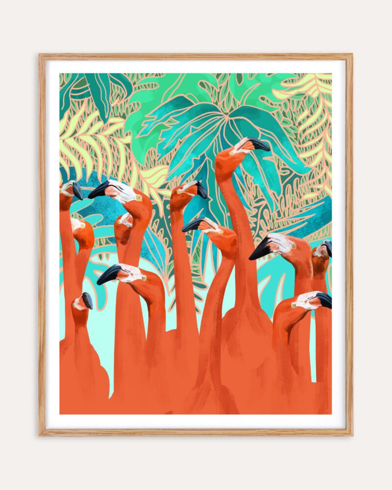 Shop Flamingo party eclectic tropical jungle quirky Art Print, Canvas Print - available at 83oranges.com by artist Uma Gokhale India