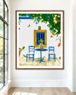 Shop Greek vacay for two architecture Greece Santorini exotic summer Art Print, Canvas Print - available at 83oranges.com by artist Uma Gokhale India