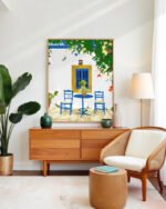 Shop Greek vacay for two architecture Greece Santorini exotic summer Art Print, Canvas Print - available at 83oranges.com by artist Uma Gokhale India Shop Greek vacay for two architecture Greece Santorini exotic summer Art Print, Canvas Print - available at 83oranges.com by artist Uma Gokhale India