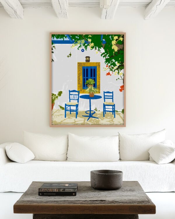 Shop Greek vacay for two architecture Greece Santorini exotic summer Art Print, Canvas Print - available at 83oranges.com by artist Uma Gokhale India