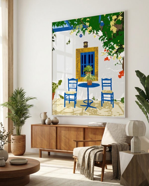 Shop Greek vacay for two architecture Greece Santorini exotic summer Art Print, Canvas Print - available at 83oranges.com by artist Uma Gokhale India