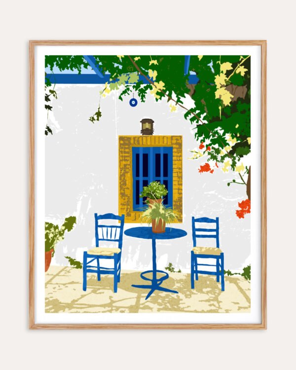 Shop Greek vacay for two architecture Greece Santorini exotic summer Art Print, Canvas Print - available at 83oranges.com by artist Uma Gokhale India