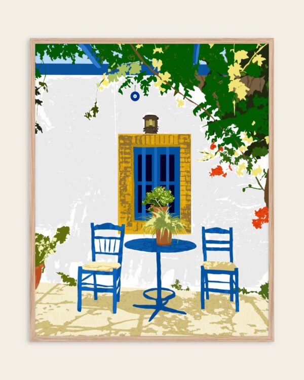 Shop Greek vacay for two architecture Greece Santorini exotic summer Art Print, Canvas Print - available at 83oranges.com by artist Uma Gokhale India