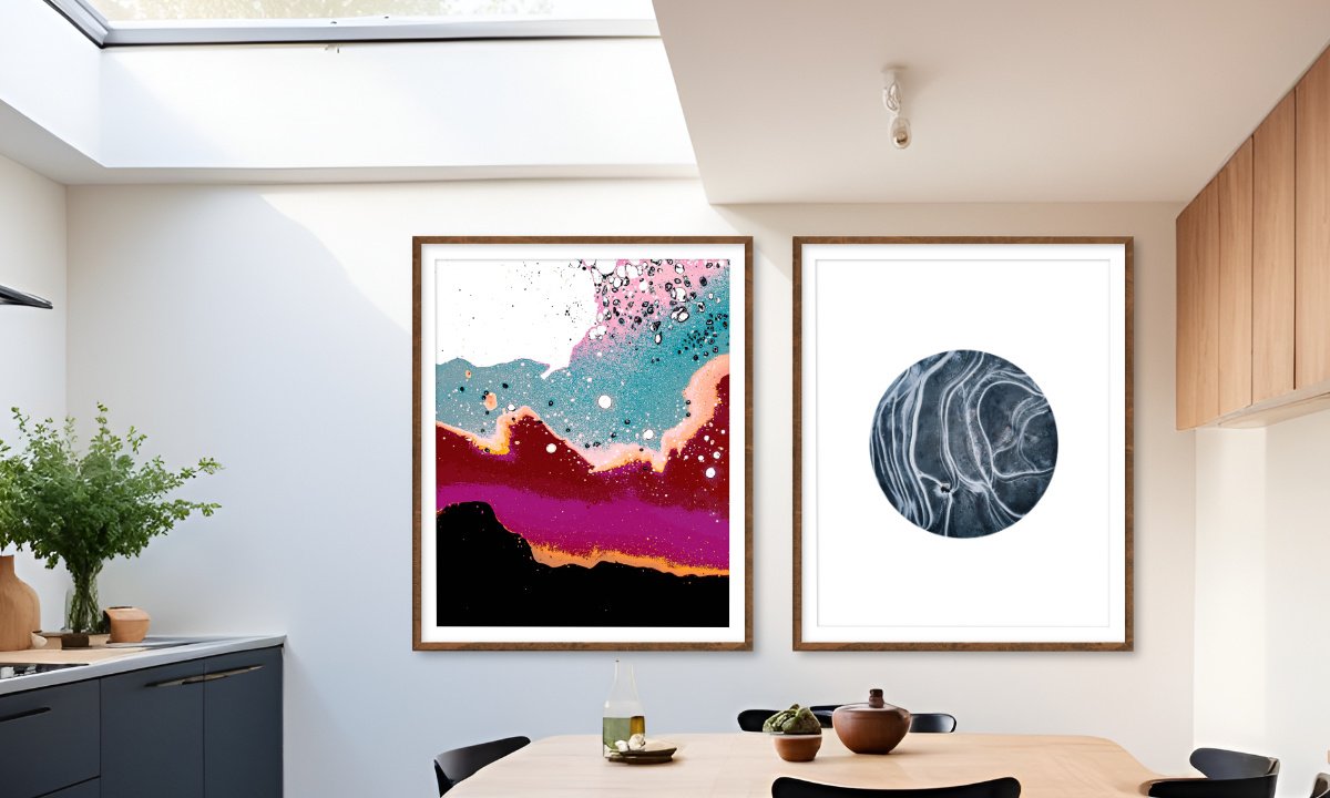 Elevate your space with this striking duo of abstract art prints designed to spark curiosity and conversation. This thoughtfully paired set combines two unique visual expressions: one print features a dynamic fusion of cosmic colors and fluid textures, while the other offers a meditative contrast with a monochrome circular motif that evokes the natural flow of marble or planetary terrain.