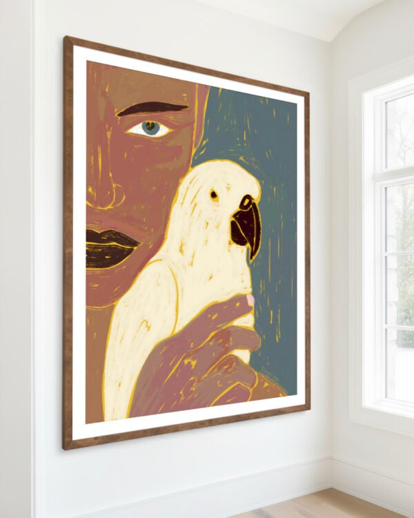 Shop Keep of secrets bold bohemian woman portrait bird parrot Art Print, Canvas Print - available at 83oranges.com by artist Uma Gokhale India