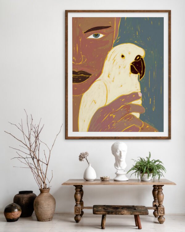 Shop Keeper of secrets bold bohemian woman portrait bird parrot Art Print, Canvas Print - available at 83oranges.com by artist Uma Gokhale India