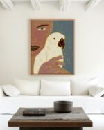 Shop Keeper of secrets bold bohemian woman portrait bird parrot Art Print, Canvas Print - available at 83oranges.com by artist Uma Gokhale India