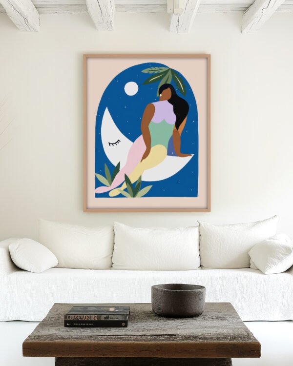 Shop over the moon bohemian woman Art Print, Canvas Print - available at 83oranges.com by artist Uma Gokhale India
