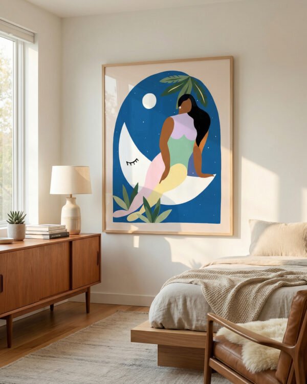Shop over the moon bohemian woman Art Print, Canvas Print - available at 83oranges.com by artist Uma Gokhale India