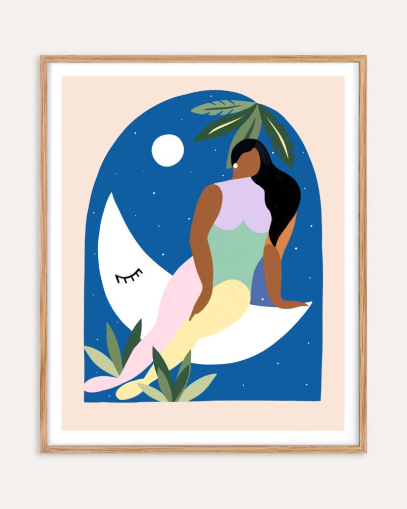 Shop over the moon bohemian woman Art Print, Canvas Print - available at 83oranges.com by artist Uma Gokhale India
