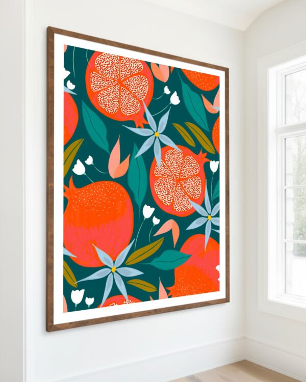Shop Summer Pomegranate fruits botanical nature Art Print, Canvas Print - available at 83oranges.com by artist Uma Gokhale India