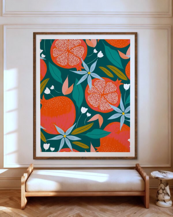 Shop Summer Pomegranate fruits botanical nature Art Print, Canvas Print - available at 83oranges.com by artist Uma Gokhale India