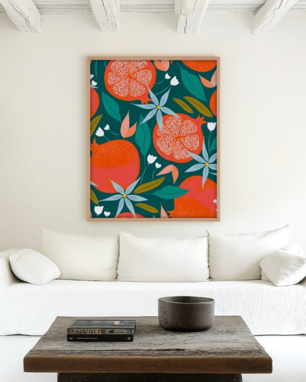 Shop Summer Pomegranate fruits botanical nature Art Print, Canvas Print - available at 83oranges.com by artist Uma Gokhale India