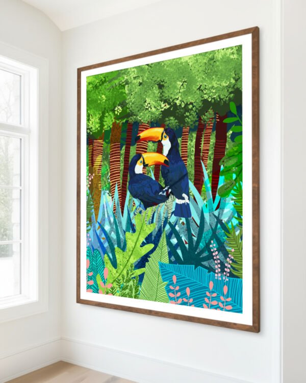 Shop Toucans jungle forest wildlife botanical nature Art Print, Canvas Print - available at 83oranges.com by artist Uma Gokhale India