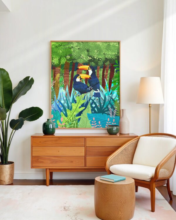 Shop Toucans jungle forest wildlife botanical nature Art Print, Canvas Print - available at 83oranges.com by artist Uma Gokhale India