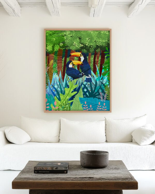 Shop Toucans jungle forest wildlife botanical nature Art Print, Canvas Print - available at 83oranges.com by artist Uma Gokhale India