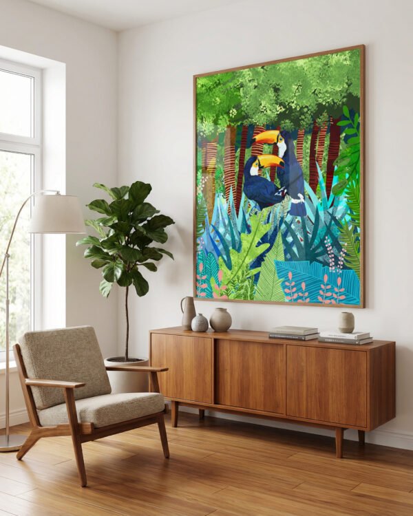 Shop Toucans jungle forest wildlife botanical nature Art Print, Canvas Print - available at 83oranges.com by artist Uma Gokhale India